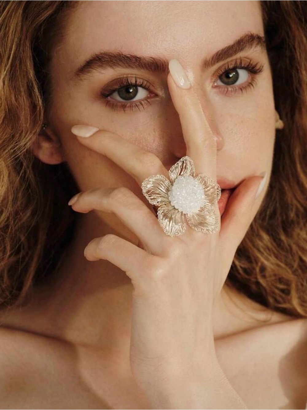 Gold Floral Ring with White Druzy Center